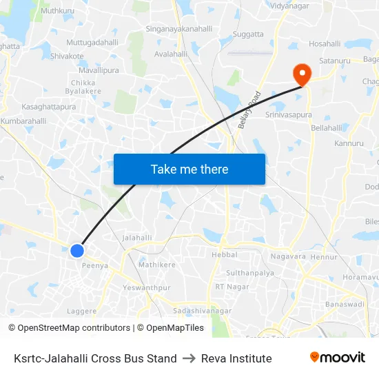 Ksrtc-Jalahalli Cross Bus Stand to Reva Institute map