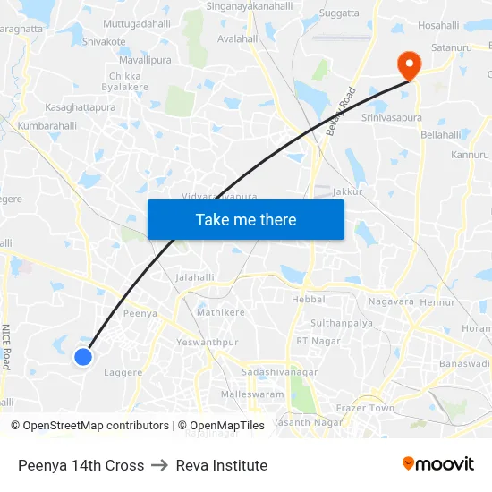 Peenya 14th Cross to Reva Institute map