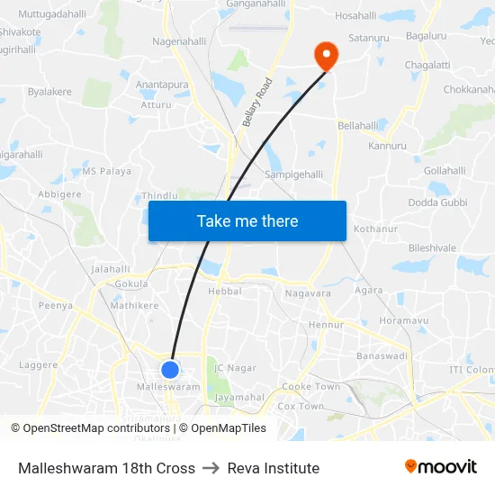 Malleshwaram 18th Cross to Reva Institute map