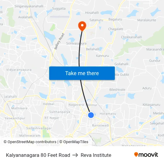 Kalyananagara 80 Feet Road to Reva Institute map