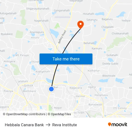 Hebbala Canara Bank to Reva Institute map
