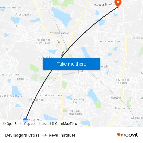 Devinagara Cross to Reva Institute map