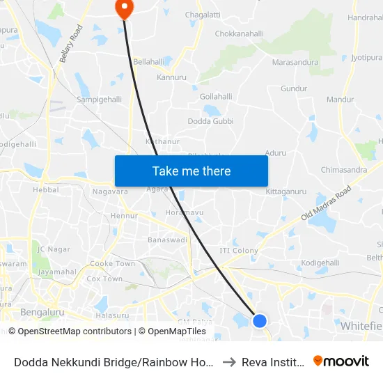 Dodda Nekkundi Bridge/Rainbow Hospital to Reva Institute map