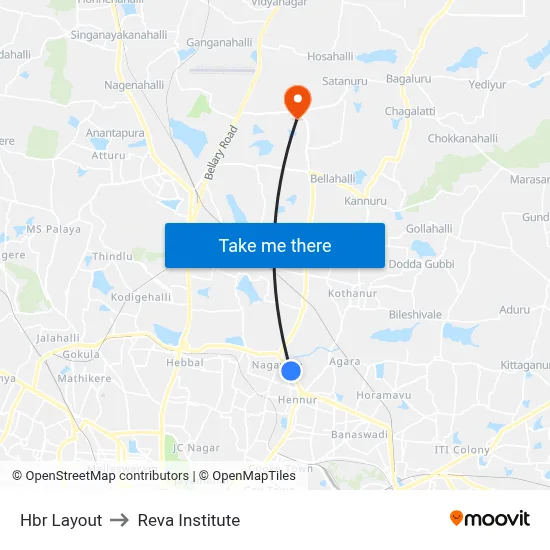 Hbr Layout to Reva Institute map