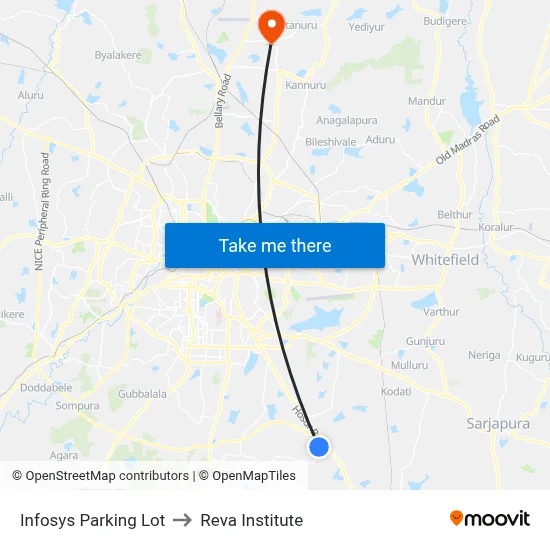 Infosys Parking Lot to Reva Institute map
