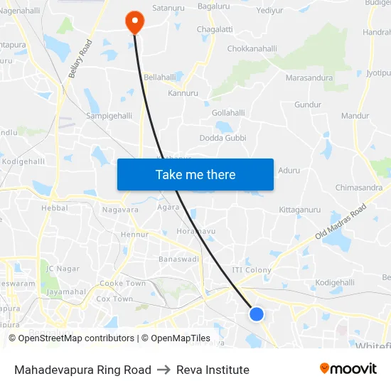 Mahadevapura Ring Road to Reva Institute map