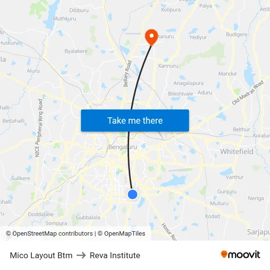Mico Layout Btm to Reva Institute map
