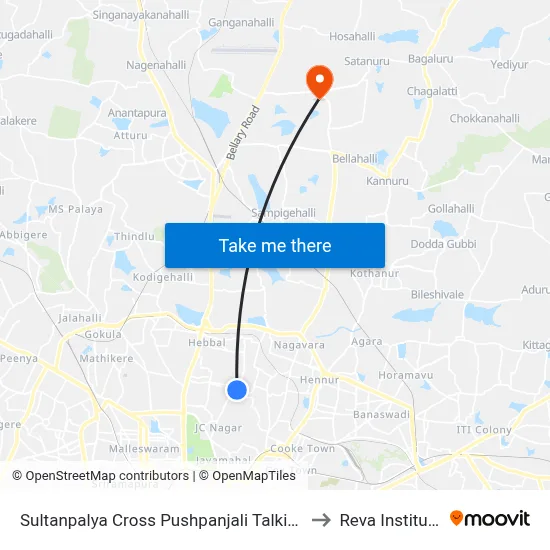 Sultanpalya Cross Pushpanjali Talkies to Reva Institute map