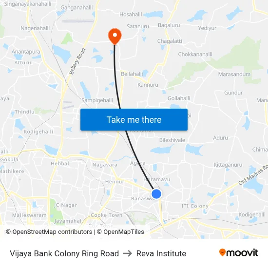 Vijaya Bank Colony Ring Road to Reva Institute map