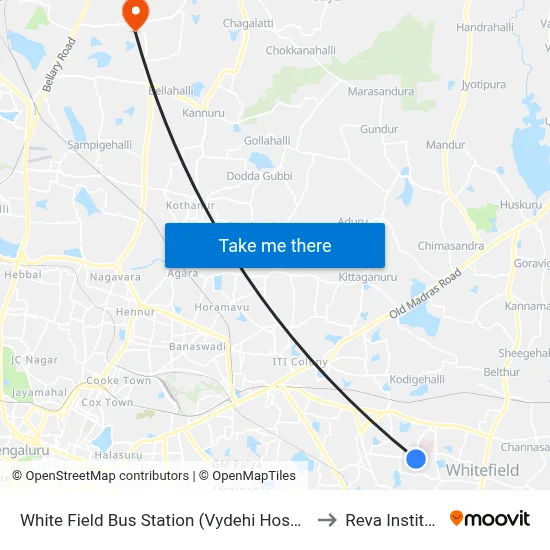 White Field Bus Station (Vydehi Hospital) to Reva Institute map