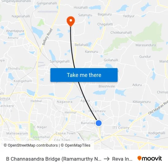 B Channasandra Bridge (Ramamurthy Nagara Ring Road) to Reva Institute map