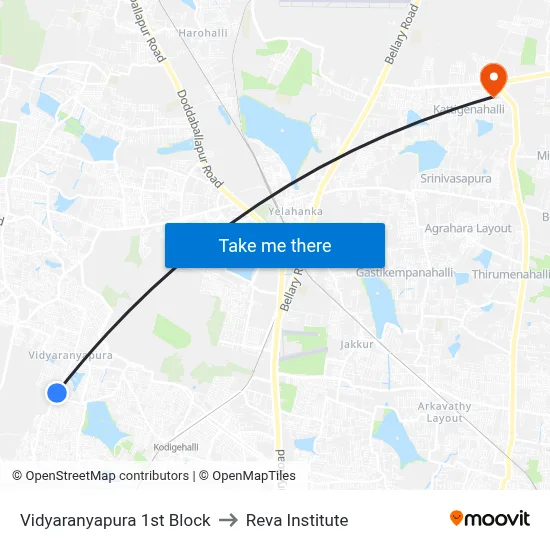 Vidyaranyapura 1st Block to Reva Institute map