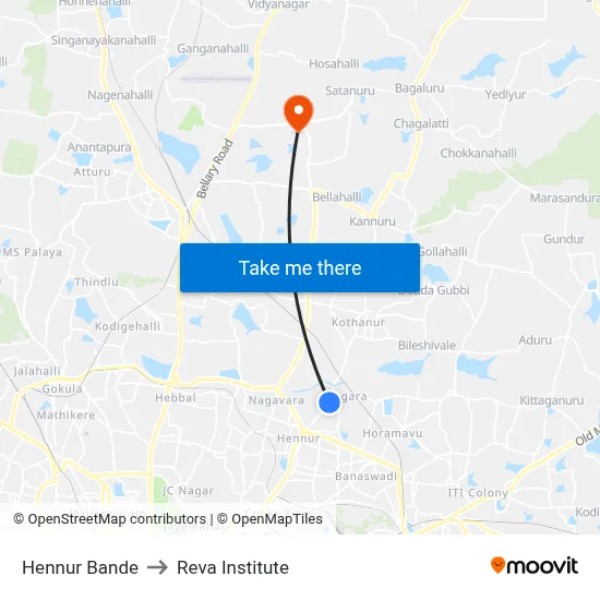 Hennur Bande to Reva Institute map