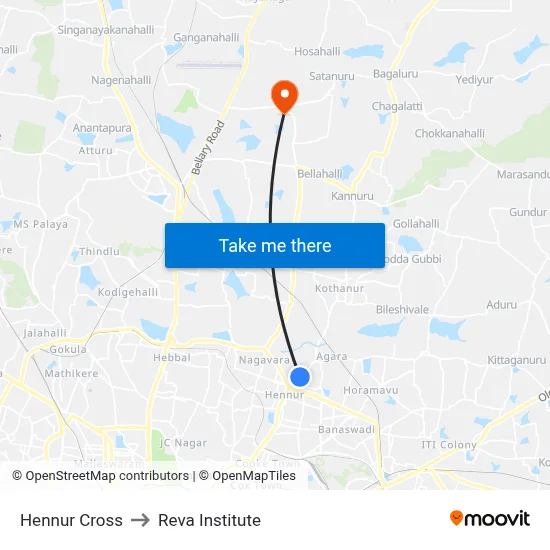Hennur Cross to Reva Institute map