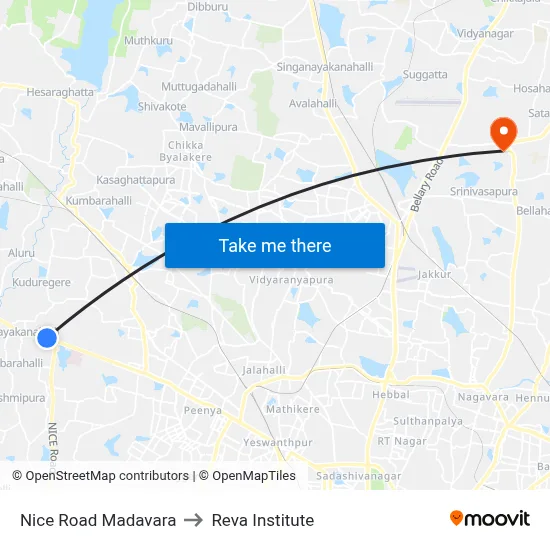 Nice Road Madavara to Reva Institute map