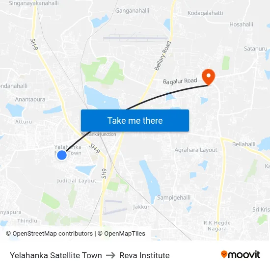 Yelahanka Satellite Town to Reva Institute map
