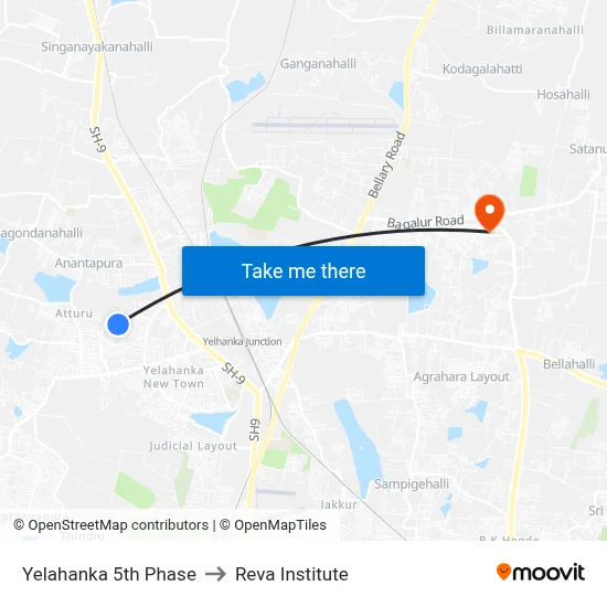 Yelahanka 5th Phase to Reva Institute map