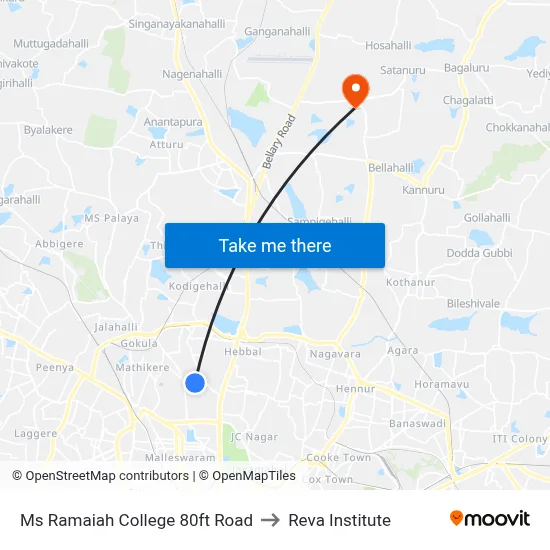 Ms Ramaiah College 80ft Road to Reva Institute map
