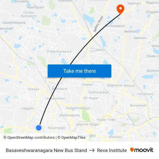 Basaveshwaranagara New Bus Stand to Reva Institute map