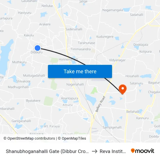 Shanubhoganahalli Gate (Dibbur Cross) to Reva Institute map