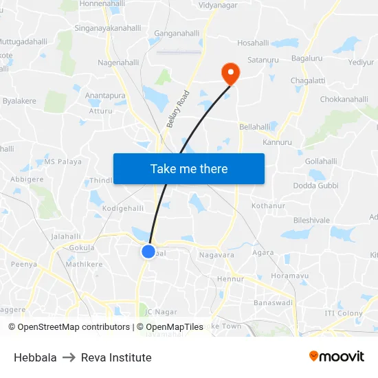 Hebbala to Reva Institute map