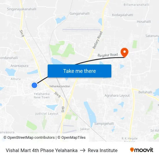 Vishal Mart 4th Phase Yelahanka to Reva Institute map