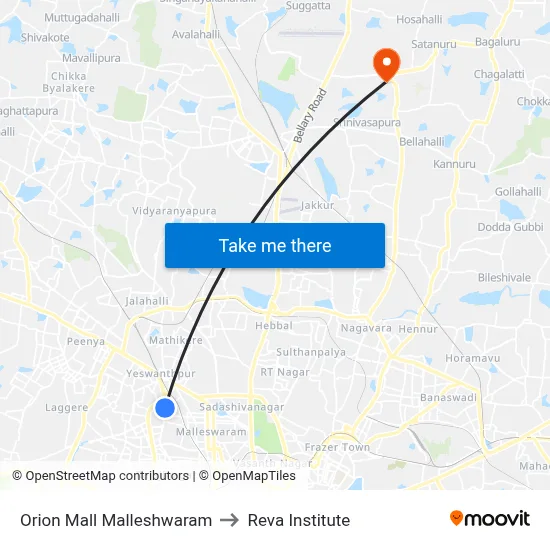 Orion Mall Malleshwaram to Reva Institute map