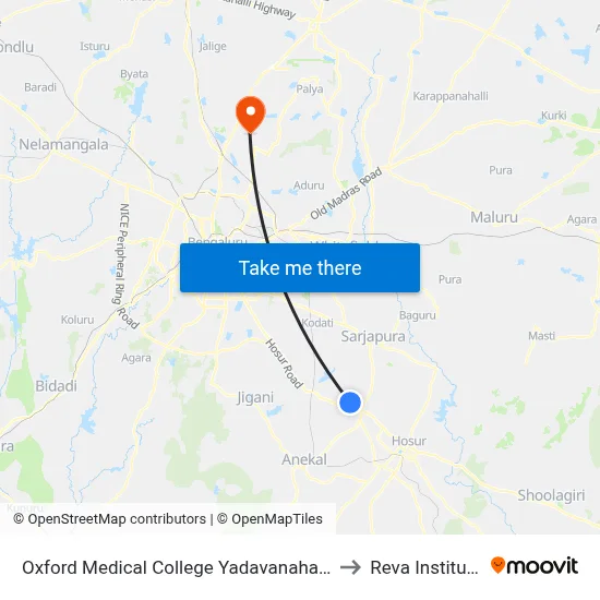 Oxford Medical College Yadavanahalli to Reva Institute map