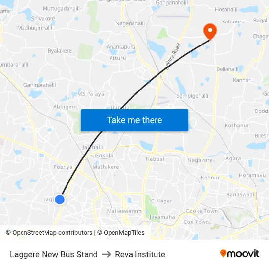 Laggere New Bus Stand to Reva Institute map