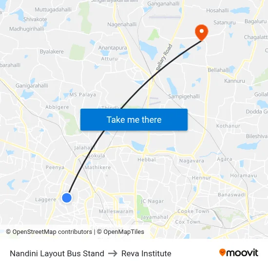 Nandini Layout Bus Stand to Reva Institute map