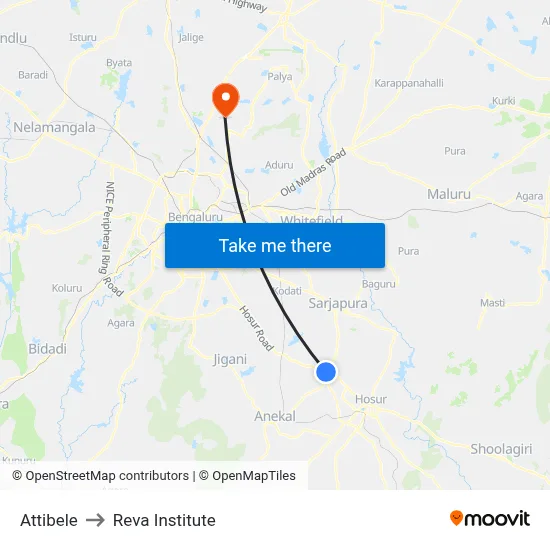 Attibele to Reva Institute map