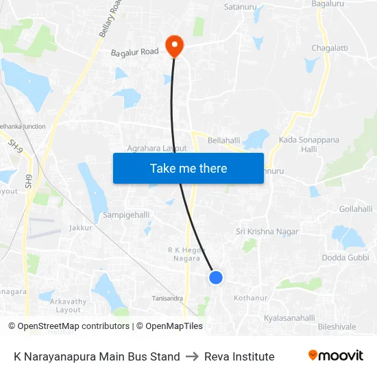 K Narayanapura Main Bus Stand to Reva Institute map