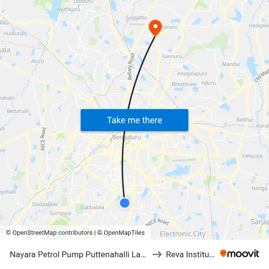 Nayara Petrol Pump Puttenahalli Lake to Reva Institute map