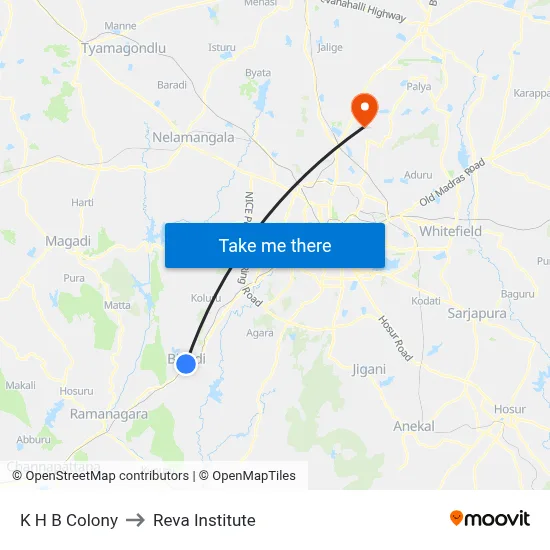 K H B Colony to Reva Institute map