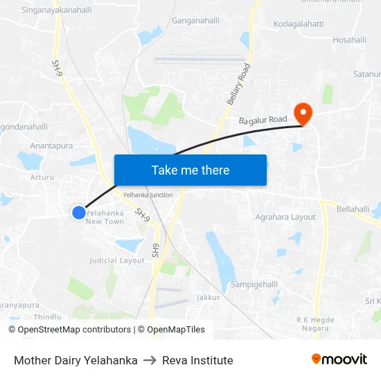 Mother Dairy Yelahanka to Reva Institute map