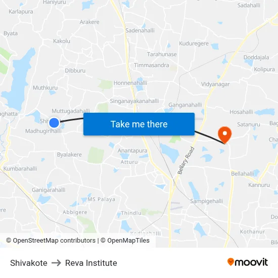 Shivakote to Reva Institute map