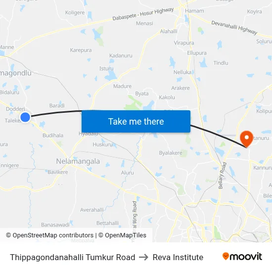 Thippagondanahalli Tumkur Road to Reva Institute map