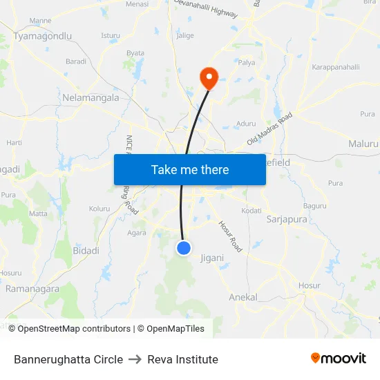 Bannerughatta Circle to Reva Institute map