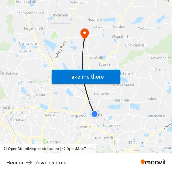 Hennur to Reva Institute map