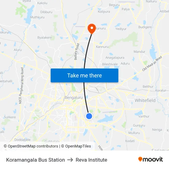 Koramangala Bus Station to Reva Institute map