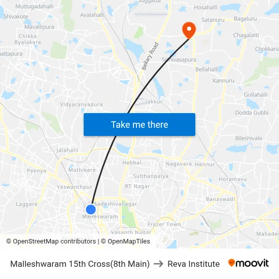 Malleshwaram 15th Cross(8th Main) to Reva Institute map