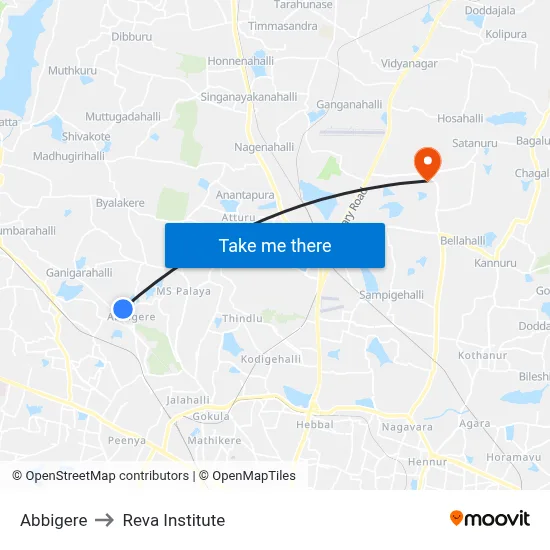 Abbigere to Reva Institute map