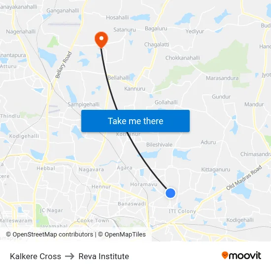 Kalkere Cross to Reva Institute map