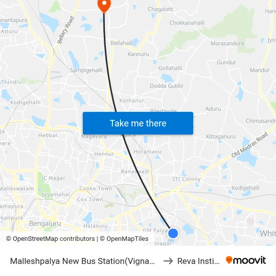 Malleshpalya New Bus Station(Vignananagar) to Reva Institute map