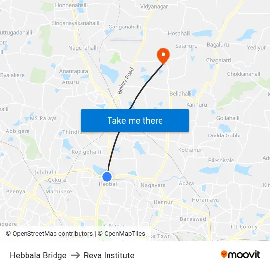 Hebbala Bridge to Reva Institute map
