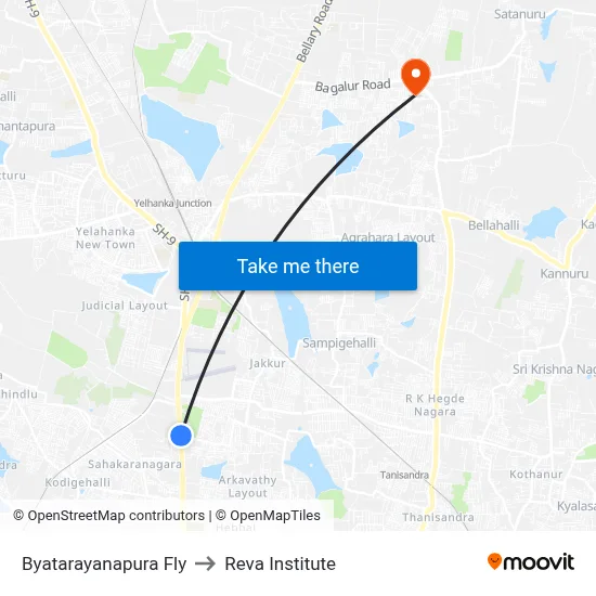 Byatarayanapura Fly to Reva Institute map