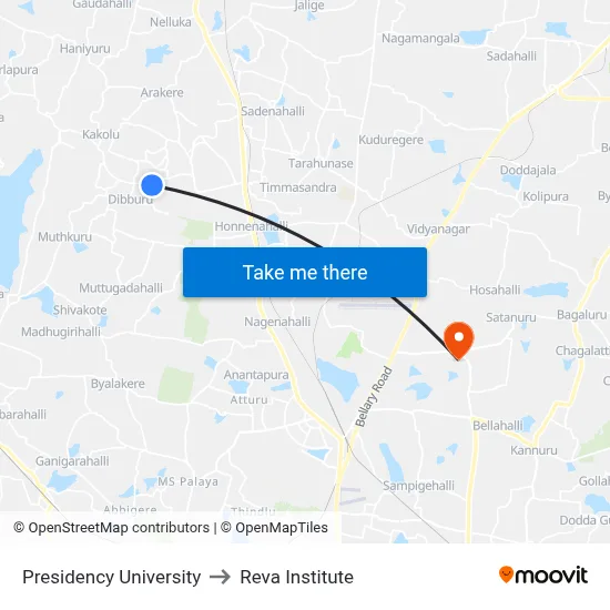 Presidency University to Reva Institute map