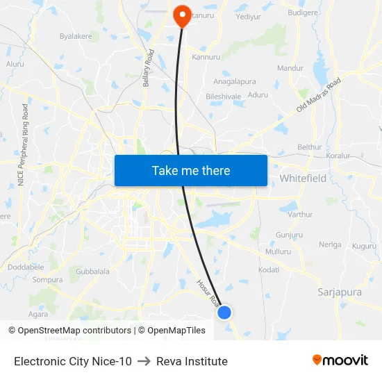 Electronic City Nice-10 to Reva Institute map