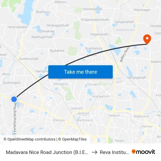 Madavara Nice Road Junction (B.I.E.C) to Reva Institute map
