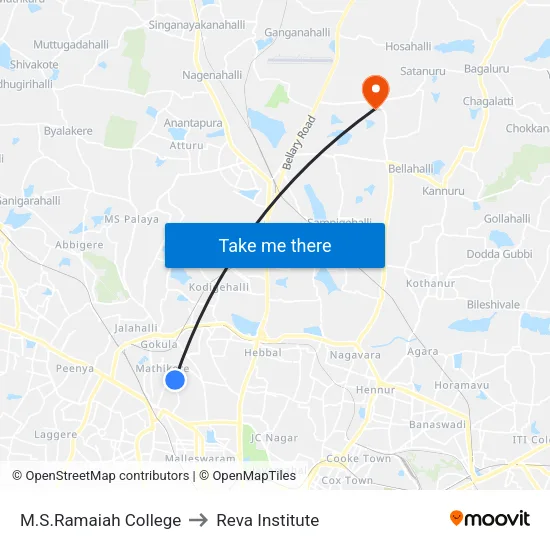 M.S.Ramaiah College to Reva Institute map